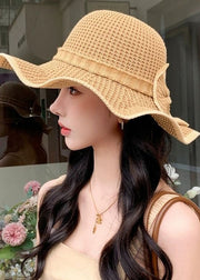 New Orange Hollow Out Bow Knit Bucket Hat