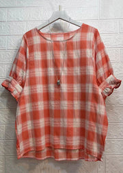 New Orange Plaid Ruffled Patchwork Cotton Shirt Tops Short Sleeve