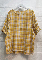 New Orange Plaid Ruffled Patchwork Cotton Shirt Tops Short Sleeve