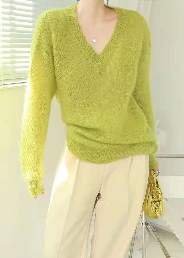 New Original Design Fluorescent Green V Neck Woolen Sweater Tops Fall