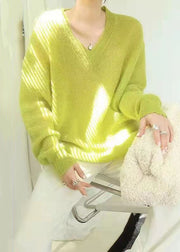 New Original Design Fluorescent Green V Neck Woolen Sweater Tops Fall