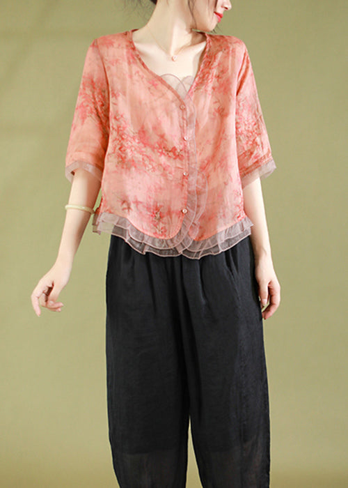 New Peach Style V Neck Button Tulle Patchwork Tops Summer