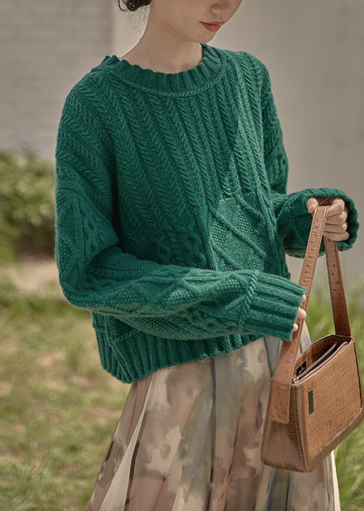 New Peacock Green O Neck Patchwork Cable Knit Sweaters Fall