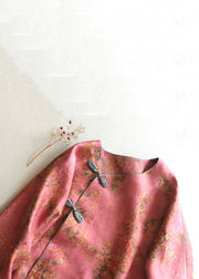 New Pink Button Print Lace Up Silk Coats Spring