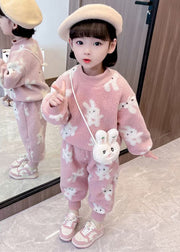 New Pink Cartoon Print Teddy Faux Fur Girls Two Pieces Set Long Sleeve