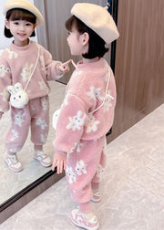 New Pink Cartoon Print Teddy Faux Fur Girls Two Pieces Set Long Sleeve