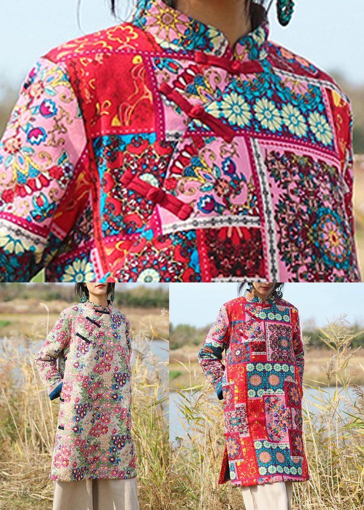 New Pink Chinese Button Print Patchwork Cotton Mid Dresses Fall