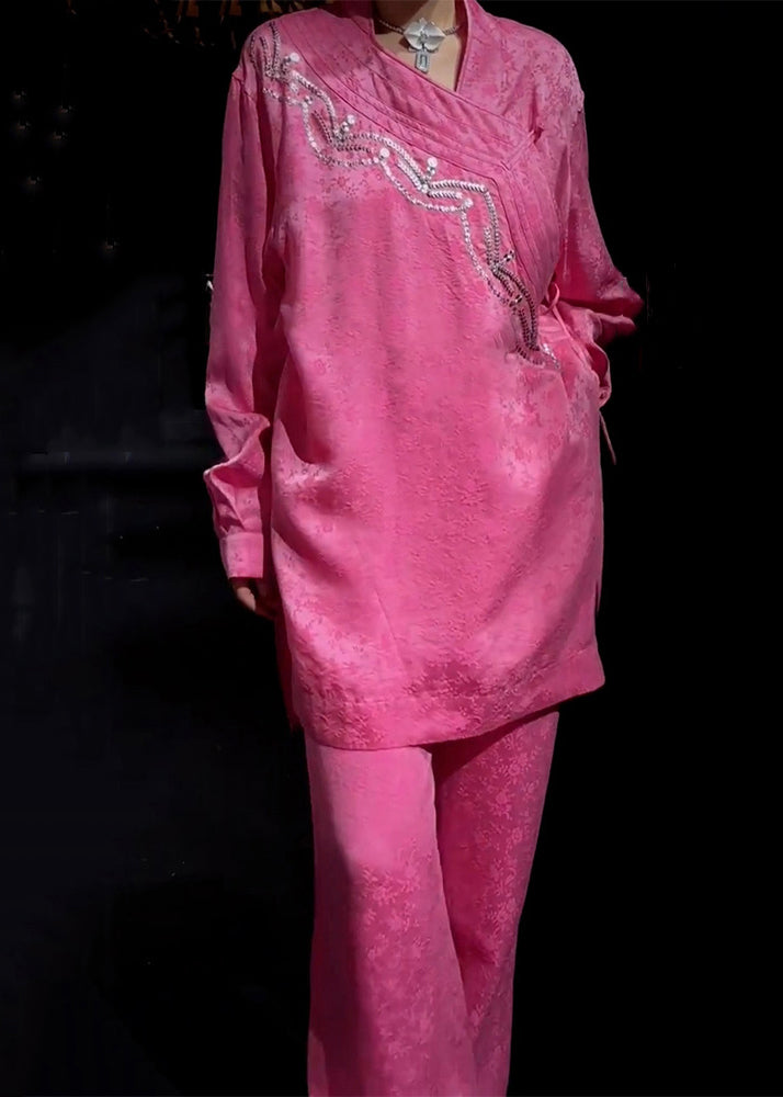 New Pink Embroidered Side Open Silk Two Piece Set Long Sleeve