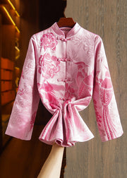 New Pink Embroidered Button Patchwork Silk Coats Fall