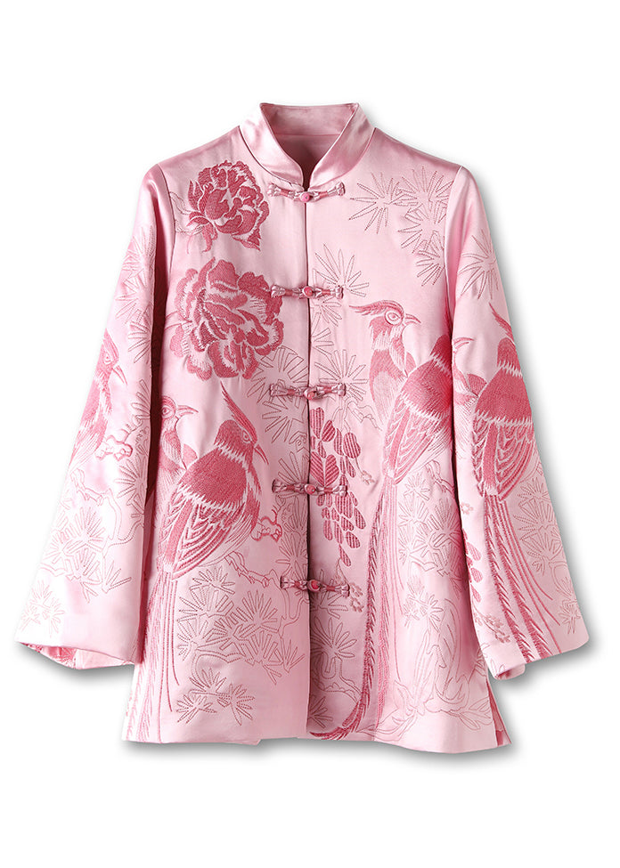New Pink Embroidered Button Patchwork Silk Coats Fall