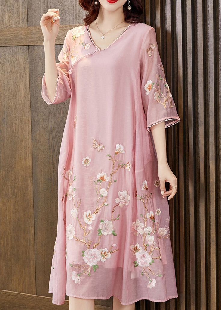 New Pink Embroidered Pockets Silk Cotton Dress Half Sleeve