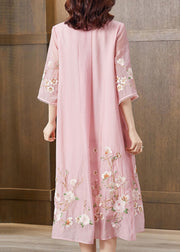 New Pink Embroidered Pockets Silk Cotton Dress Half Sleeve