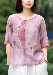 New Pink Embroidered Print Patchwork Linen T Shirt Half Sleeve