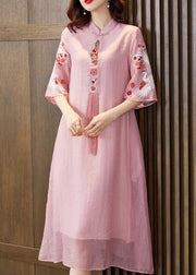 New Pink Embroidered Tasseled Silk Cotton Long Dresses Half Sleeve