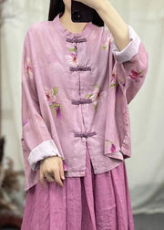 New Pink O Neck Button Patchwork Linen Coat Spring