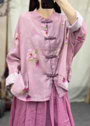 New Pink O Neck Button Patchwork Linen Coat Spring