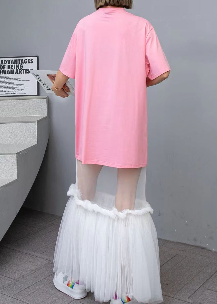 New Pink O-Neck Print Cotton T Shirt Tops And Tulle Skirts Two Pieces Set Summer