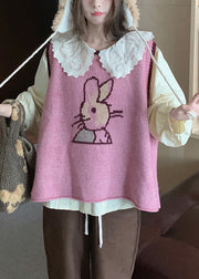 New Pink O-Neck Waistcoat And Blouses Cotton Knit Two Pieces Set Fall