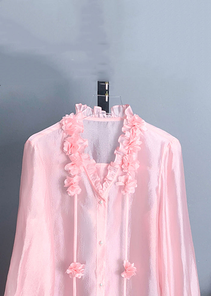 New Pink Ruffled Button Silk Shirt Long Sleeve