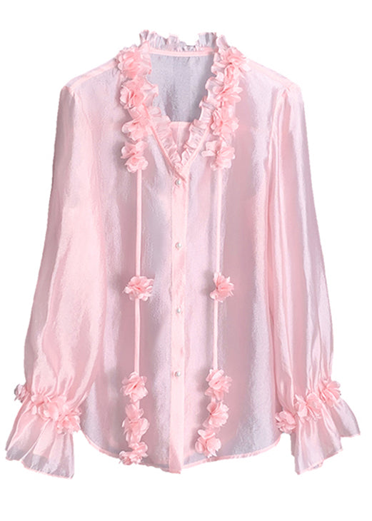 New Pink Ruffled Button Silk Shirt Long Sleeve