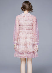 New Pink Ruffled Lace Button Patchwork Tulle Mid Dress Summer