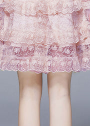 New Pink Ruffled Lace Button Patchwork Tulle Mid Dress Summer
