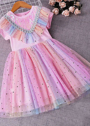 New Pink Sequins Wrinkled Patchwork Tulle Kids Girls Rainbow Dress Summer