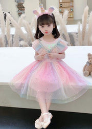 New Pink Sequins Wrinkled Patchwork Tulle Kids Girls Rainbow Dress Summer