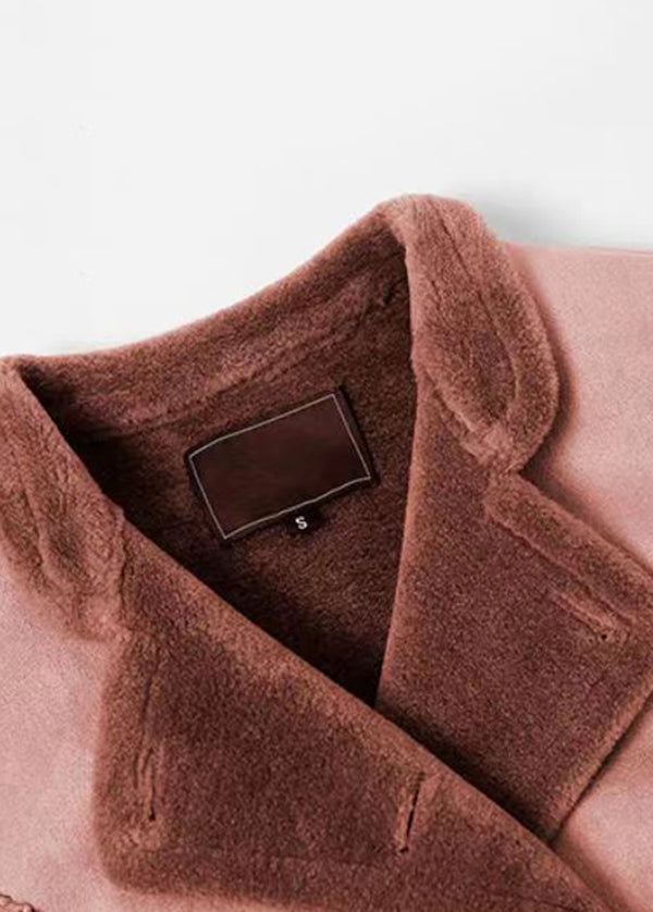 New Pink Stand Collar Pockets Tie Waist Fleece Wool Lined Trench Winter