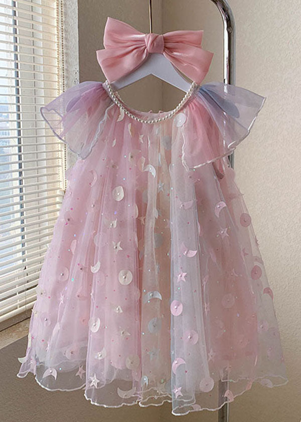 New Pink Wrinkled Nail Bead Patchwork Tulle Kids Girls Dresses Summer
