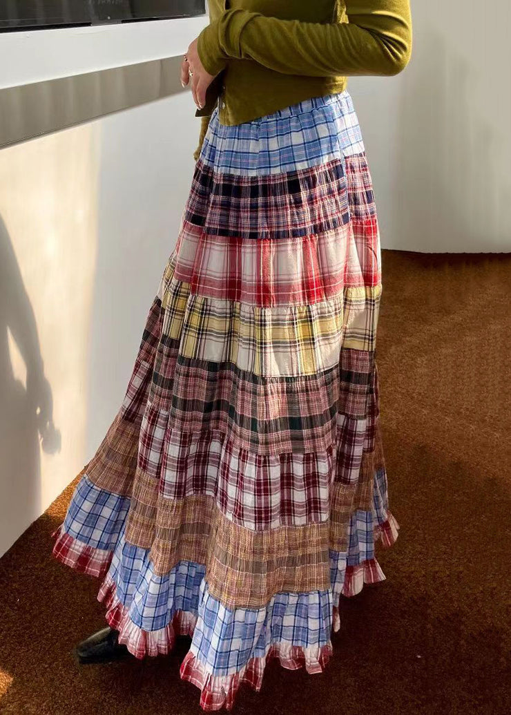 New Plaid Wrinkled High Waist Patchwork Cotton Maxi Skirts Fall