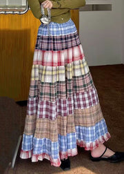 New Plaid Wrinkled High Waist Patchwork Cotton Maxi Skirts Fall