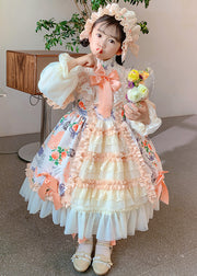 New Print Ruffled Bow Patchwork Cotton Kids Girls Princess Dresses Autumn