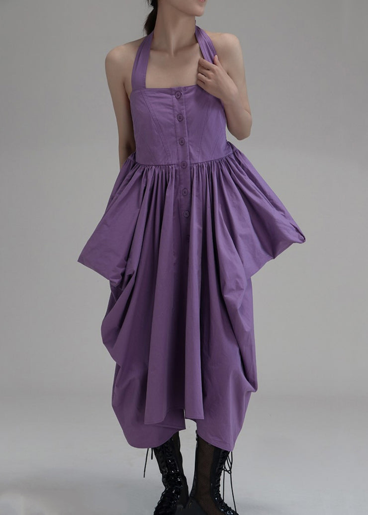 New Purple Asymmetrical Wrinkled Button Cotton Long Dress Sleeveless