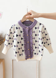 New Purple Button Ruffled Patchwork Cotton Knit Kids Coats Spring