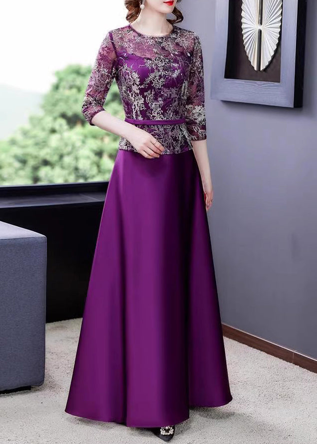 New Purple Embroidered Tulle Patchwork Maxi Dresses Half Sleeve