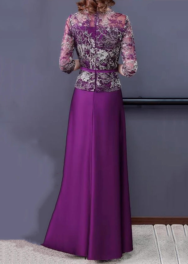 New Purple Embroidered Tulle Patchwork Maxi Dresses Half Sleeve