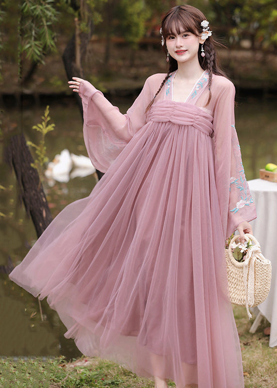 New Purple Embroidered Wrinkled Patchwork Tulle Long Dress Fall