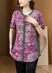 New Purple O Neck Print Button Patchwork Silk Shirt Summer