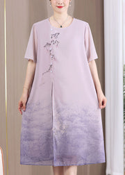New Purple O Neck Print Patchwork Chiffon Dresses Summer