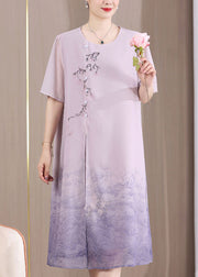 New Purple O Neck Print Patchwork Chiffon Dresses Summer
