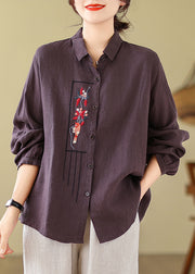 New Purple Solid Embroidered Cotton Blouses Long Sleeve