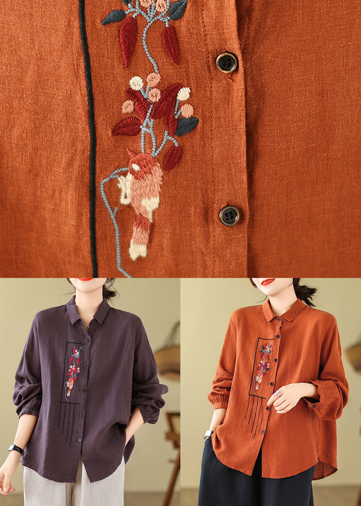 New Purple Solid Embroidered Cotton Blouses Long Sleeve
