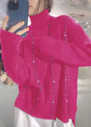 New Purple Turtleneck Nail Bead Patchwork Knit Sweaters Long Sleeve