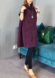 New Purple Turtleneck Pockets Cotton Mid Dress Short Sleeve