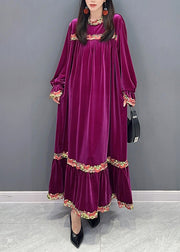New Purple Wrinkled Patchwork Silk Velvet Long Dresses Long Sleeve