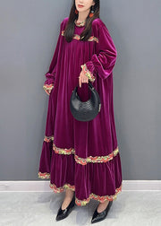 New Purple Wrinkled Patchwork Silk Velvet Long Dresses Long Sleeve