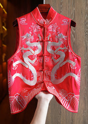 New Red Embroidered Button Patchwork Silk Beach Waistcoat Sleeveless