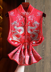 New Red Embroidered Button Patchwork Silk Beach Waistcoat Sleeveless