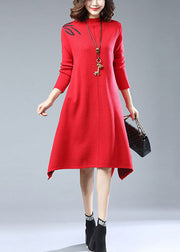 New Red Embroidered Side Open Patchwork Woolen Knitwear Dress Long Sleeve